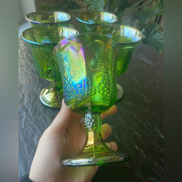 Indiana Glass Other - 5 RARE vintage Carnival Glass wine glasses green